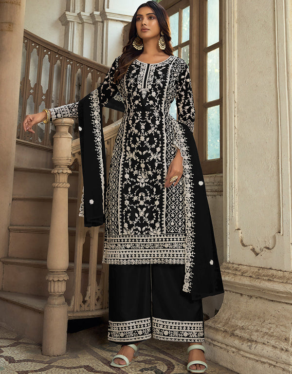 Traditional Function Wear Heavy Butterfly Net Salwar Suit Collection Black Heavy Butterfly Net Pant Straight Front View