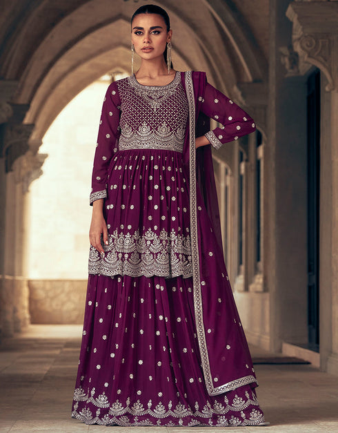 Traditional Function Wear Heavy Readymade Suit Collection Wine Real Georgette Lehenga Suit Close-up View