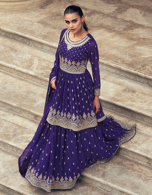 Traditional Function Wear Heavy Readymade Suit Collection Blue Real Georgette Lehenga Suit Close-up View