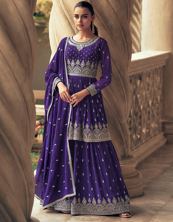 Traditional Function Wear Heavy Readymade Suit Collection Blue Real Georgette Lehenga Suit Front View