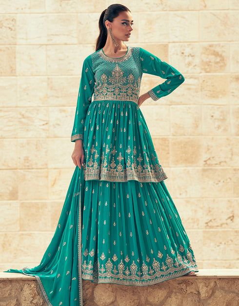 Traditional Function Wear Heavy Readymade Suit Collection Rama Blue Real Georgette Lehenga Suit Close-up View