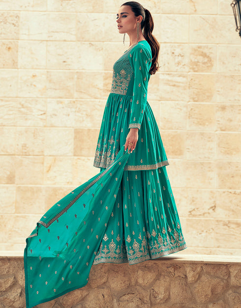 Traditional Function Wear Heavy Readymade Suit Collection Rama Blue Real Georgette Lehenga Suit Back View