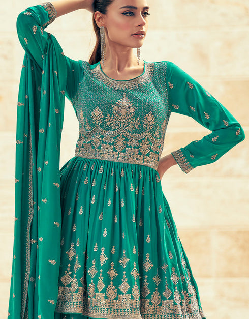 Traditional Function Wear Heavy Readymade Suit Collection Rama Blue Real Georgette Lehenga Suit Side View