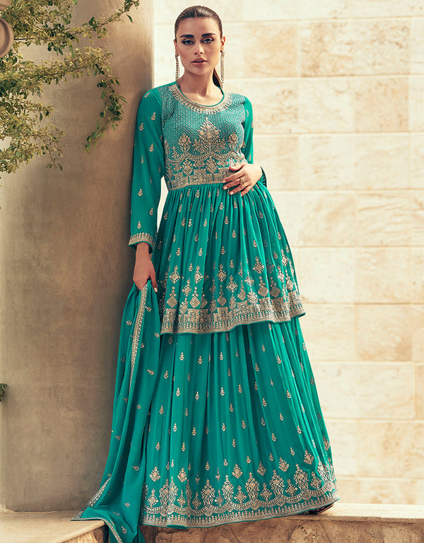 Traditional Function Wear Heavy Readymade Suit Collection Rama Blue Real Georgette Lehenga Suit Front View