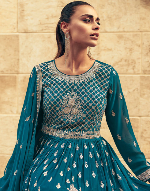 Traditional Function Wear Heavy Readymade Suit Collection Teal Real Georgette Lehenga Suit Close-up View