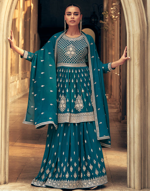 Traditional Function Wear Heavy Readymade Suit Collection Teal Real Georgette Lehenga Suit Front View