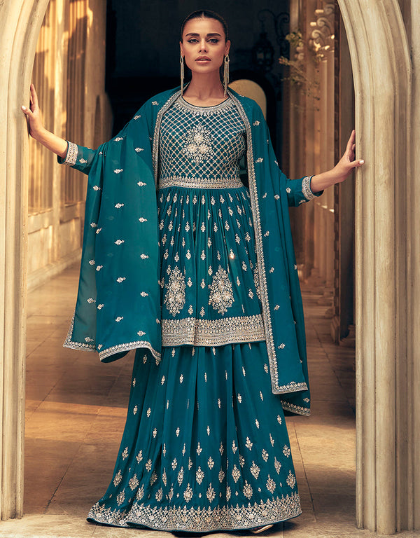 Traditional Function Wear Heavy Readymade Suit Collection Teal Real Georgette Lehenga Suit Front View