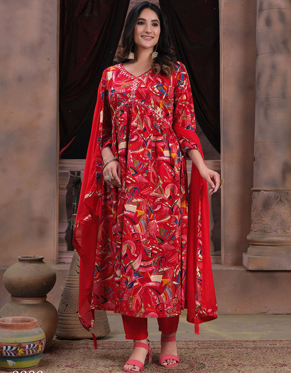 Traditional Function Wear Heavy Readymade Suit Collection Red Premium Rayon Pant Straight Front View