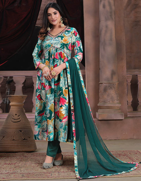 Traditional Function Wear Heavy Readymade Suit Collection Teal Green Premium Rayon Pant Straight Front View