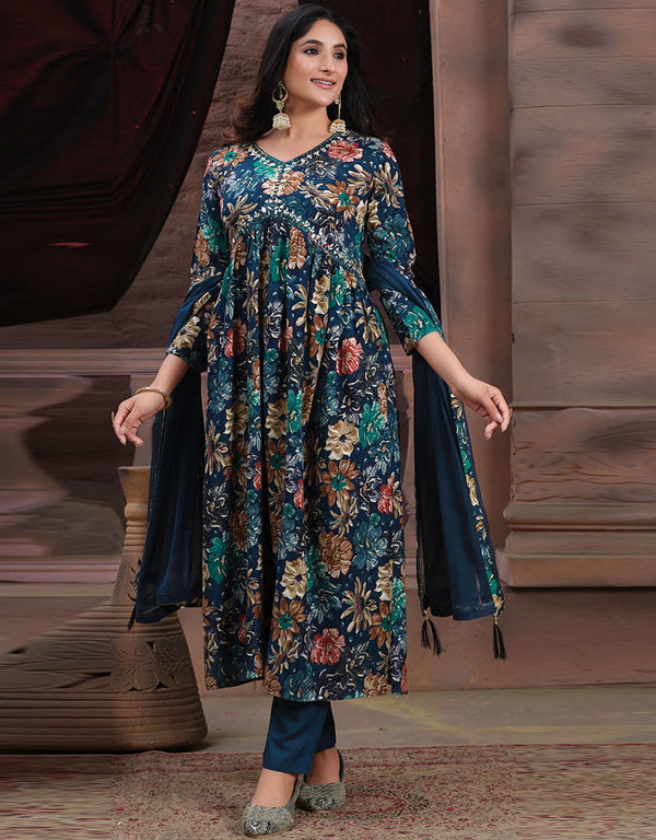 Traditional Function Wear Heavy Readymade Suit Collection Teal Premium Rayon Pant Straight Front View