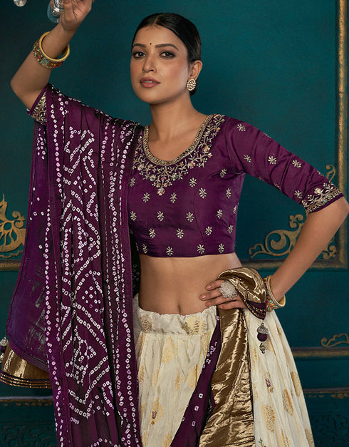 Traditional Designear Party Wear Dola Silk Lehenga Choli Collection Cream Dola Silk Lehenga Choli Back View