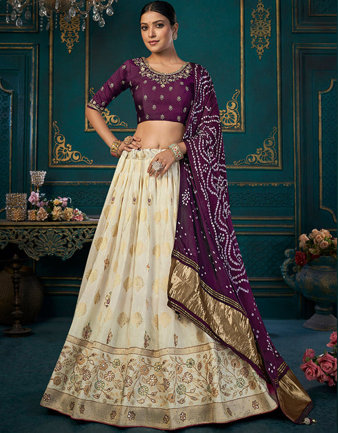 Traditional Designear Party Wear Dola Silk Lehenga Choli Collection Cream Dola Silk Lehenga Choli Front View