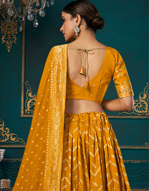 Traditional Designear Party Wear Dola Silk Lehenga Choli Collection Mustard Dola Silk Lehenga Choli Close-up View