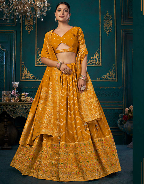Traditional Designear Party Wear Dola Silk Lehenga Choli Collection Mustard Dola Silk Lehenga Choli Front View