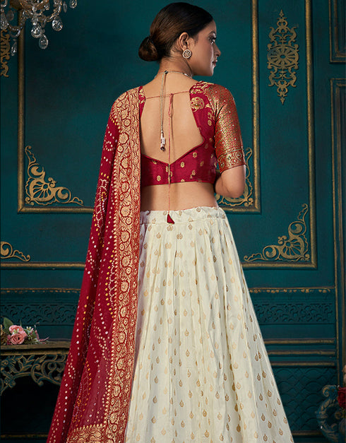 Traditional Designear Party Wear Dola Silk Lehenga Choli Collection White Dola Silk Lehenga Choli Close-up View