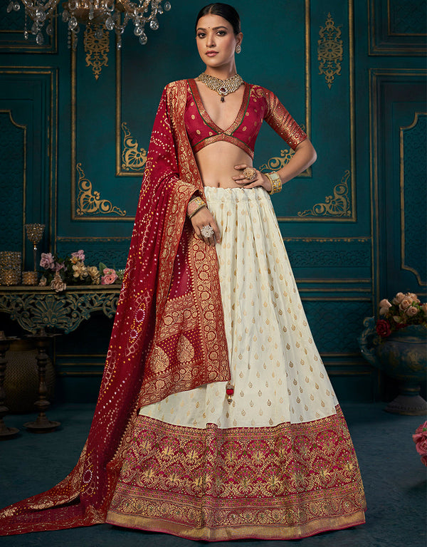 Traditional Designear Party Wear Dola Silk Lehenga Choli Collection White Dola Silk Lehenga Choli Front View