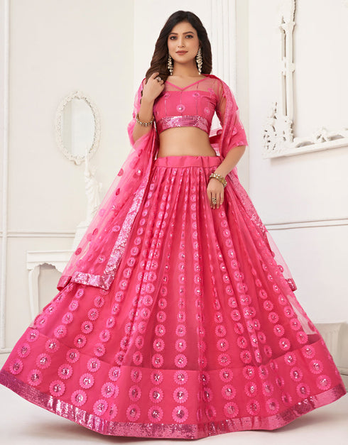 Traditional Designear Party Wear Heavy Butterfly Net Lehenga Choli Collection Pink Butterfly Net Lehenga Choli Close-up View