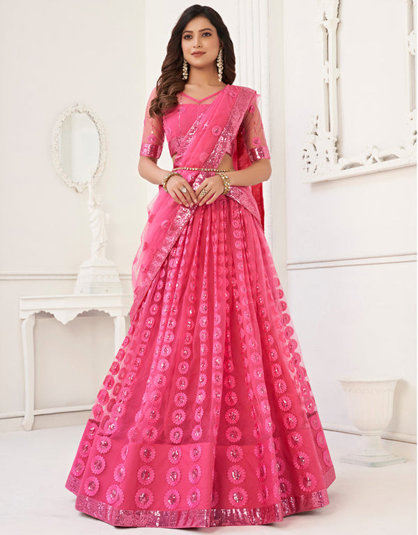 Traditional Designear Party Wear Heavy Butterfly Net Lehenga Choli Collection Pink Butterfly Net Lehenga Choli Front View