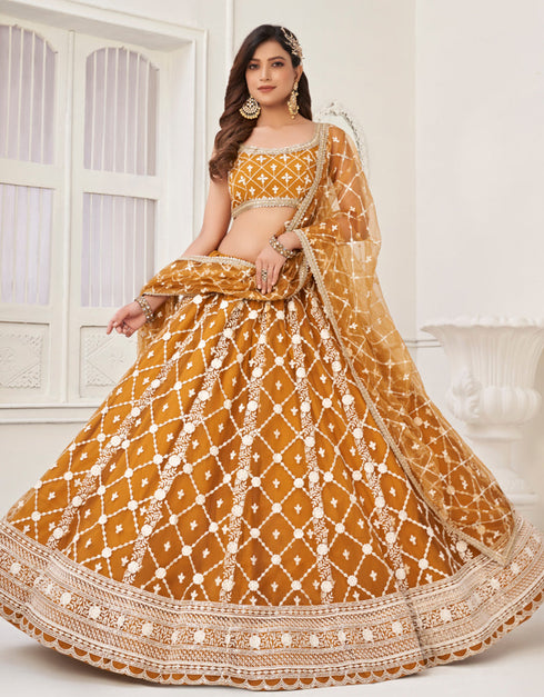 Traditional Designear Party Wear Heavy Butterfly Net Lehenga Choli Collection Brown Butterfly Net Lehenga Choli Close-up View