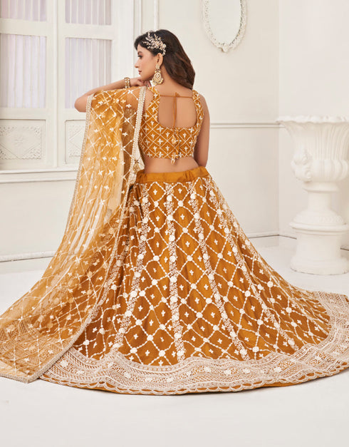 Traditional Designear Party Wear Heavy Butterfly Net Lehenga Choli Collection Brown Butterfly Net Lehenga Choli Back View