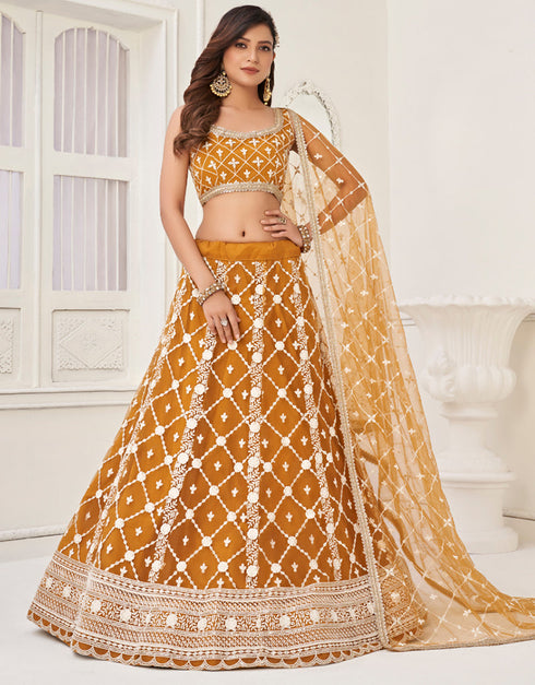 Traditional Designear Party Wear Heavy Butterfly Net Lehenga Choli Collection Brown Butterfly Net Lehenga Choli Front View