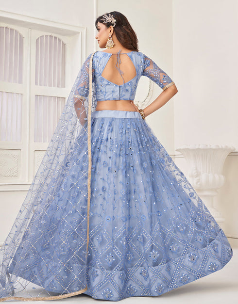 Traditional Designear Party Wear Heavy Butterfly Net Lehenga Choli Collection Blue Butterfly Net Lehenga Choli Back View