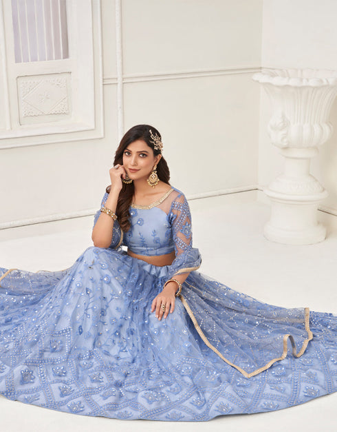 Traditional Designear Party Wear Heavy Butterfly Net Lehenga Choli Collection Blue Butterfly Net Lehenga Choli Front View