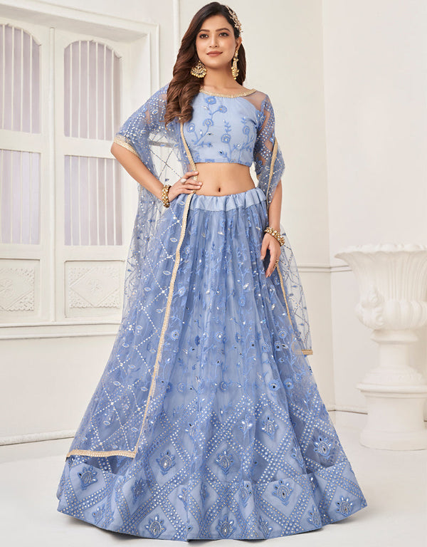 Traditional Designear Party Wear Heavy Butterfly Net Lehenga Choli Collection Blue Butterfly Net Lehenga Choli Front View