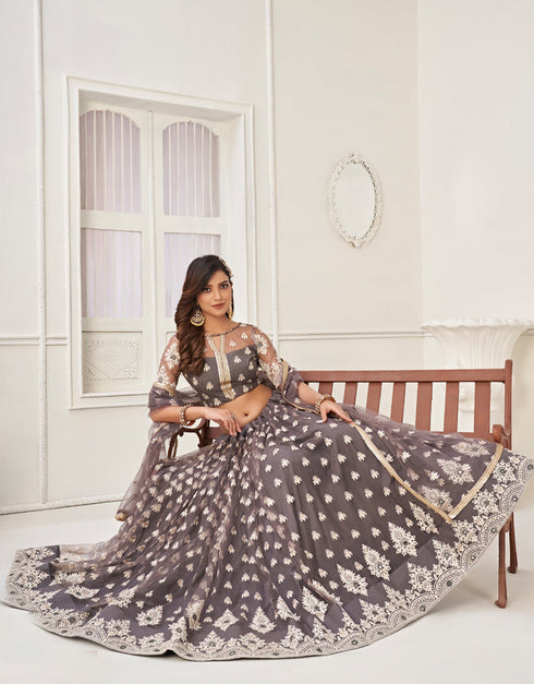 Traditional Designear Party Wear Heavy Butterfly Net Lehenga Choli Collection Grey Butterfly Net Lehenga Choli Close-up View