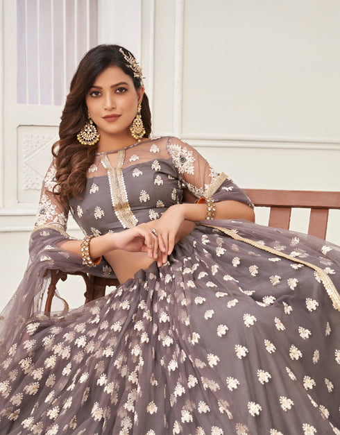 Traditional Designear Party Wear Heavy Butterfly Net Lehenga Choli Collection Grey Butterfly Net Lehenga Choli Front View