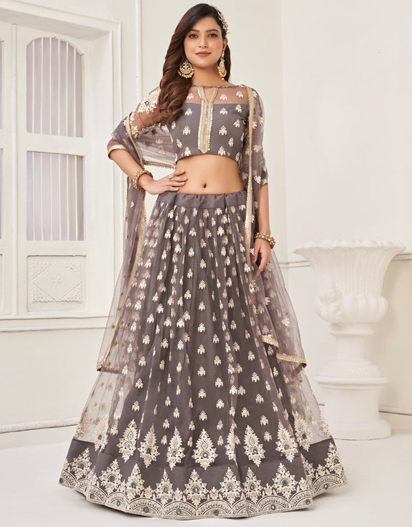 Traditional Designear Party Wear Heavy Butterfly Net Lehenga Choli Collection Grey Butterfly Net Lehenga Choli Front View