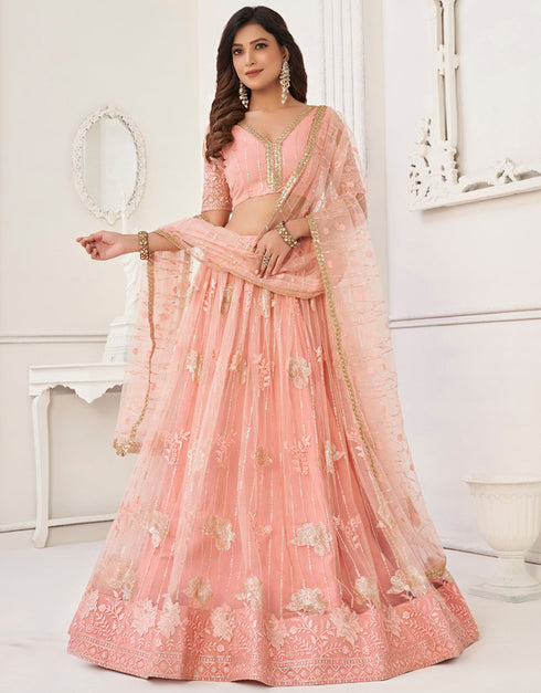 Traditional Designear Party Wear Heavy Butterfly Net Lehenga Choli Collection Peach Butterfly Net Lehenga Choli Close-up View