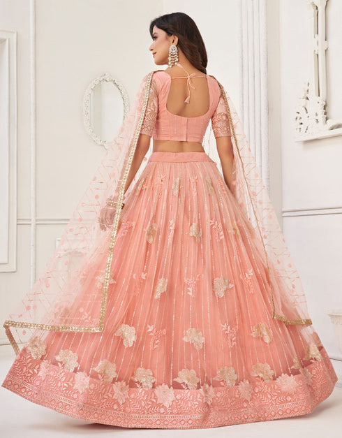Traditional Designear Party Wear Heavy Butterfly Net Lehenga Choli Collection Peach Butterfly Net Lehenga Choli Back View