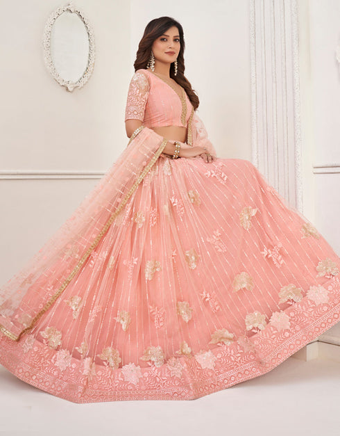 Traditional Designear Party Wear Heavy Butterfly Net Lehenga Choli Collection Peach Butterfly Net Lehenga Choli Front View
