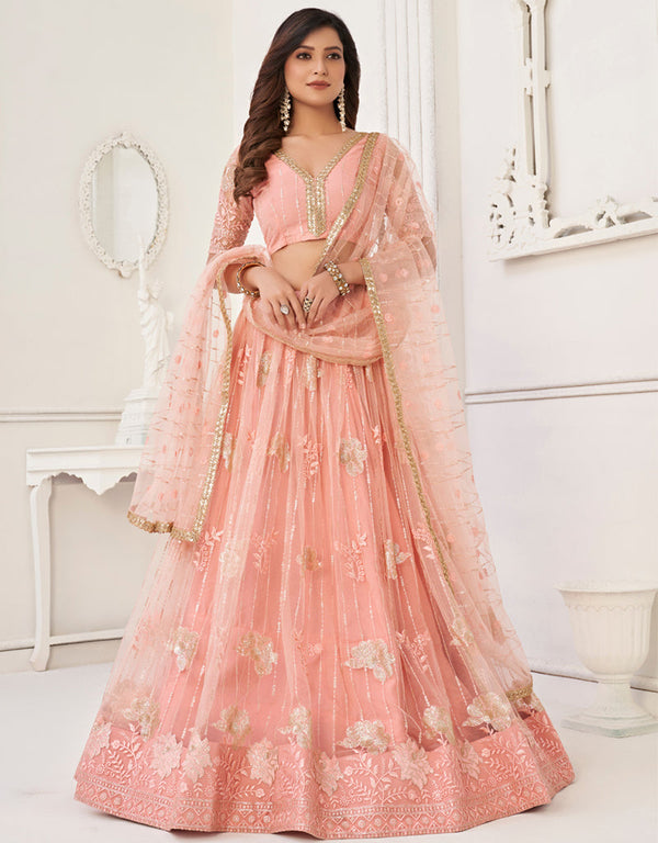 Traditional Designear Party Wear Heavy Butterfly Net Lehenga Choli Collection Peach Butterfly Net Lehenga Choli Front View