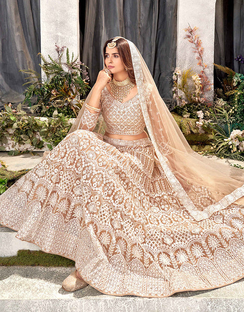 Traditional Designear Party Wear Heavy Net Lehenga Choli Collection Beige Net Lehenga Choli Close-up View