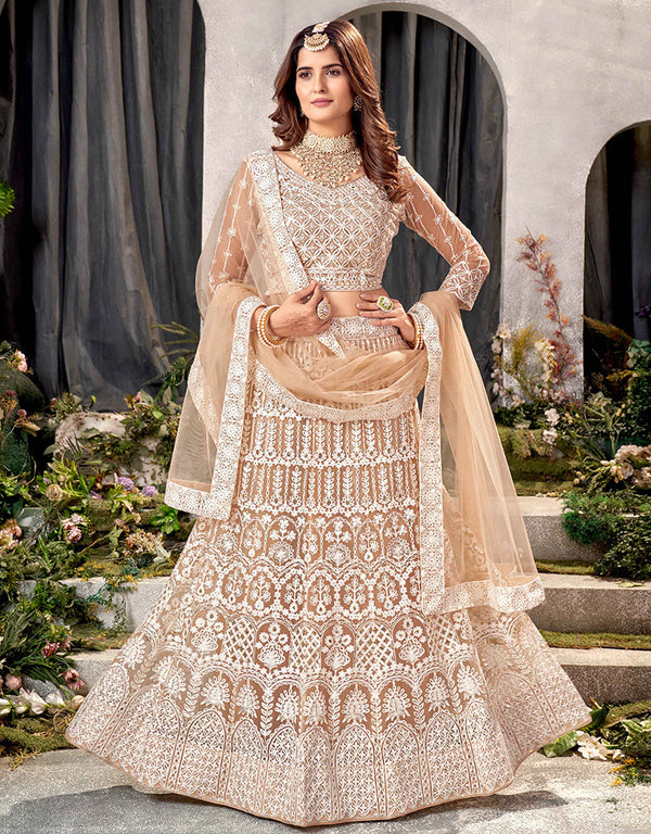 Traditional Designear Party Wear Heavy Net Lehenga Choli Collection Beige Net Lehenga Choli Front View