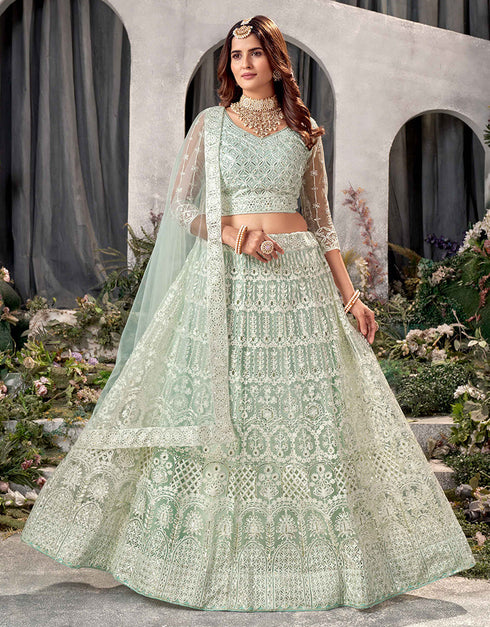 Traditional Designear Party Wear Heavy Net Lehenga Choli Collection Pista Net Lehenga Choli Front View
