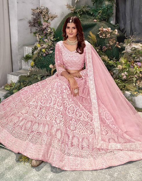 Traditional Designear Party Wear Heavy Net Lehenga Choli Collection Pink Net Lehenga Choli Close-up View