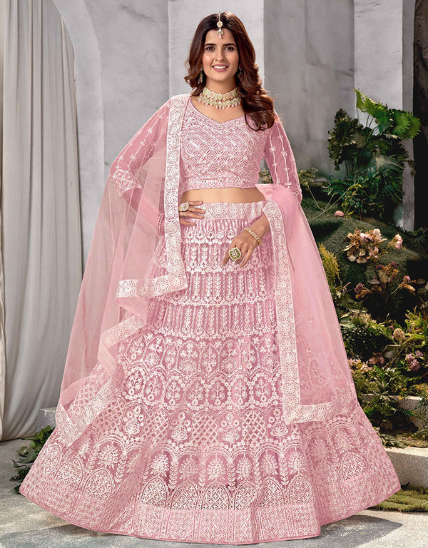 Traditional Designear Party Wear Heavy Net Lehenga Choli Collection Pink Net Lehenga Choli Front View
