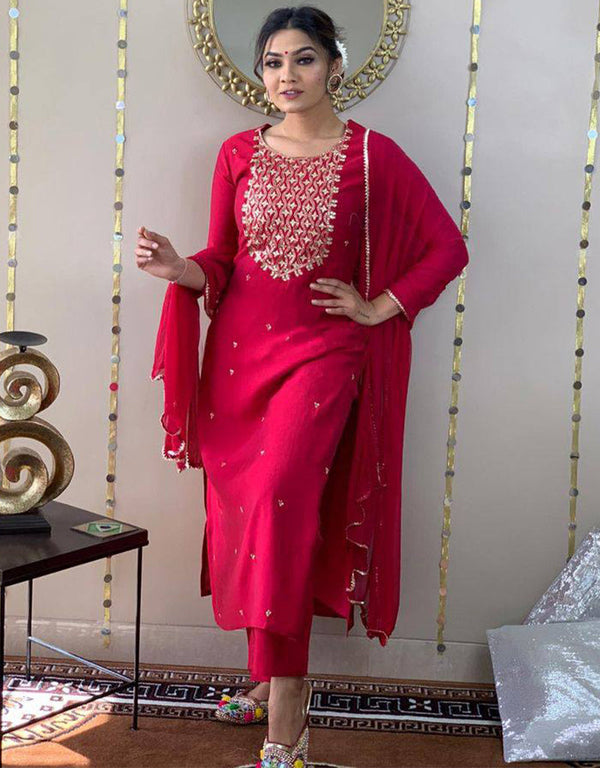 Traditional Function Wear Rayon Slub Readymade Suit Collection Rani Pink Rayon Slub Pant Straight Front View