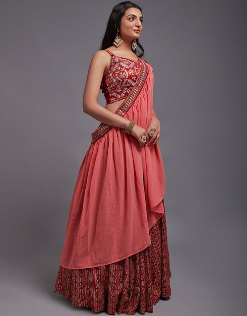 Traditional Designear Party Wear Heavy Lehenga Choli Collection Maroon Art Silk Lehenga Choli Close-up View