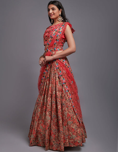 Traditional Designear Party Wear Heavy Lehenga Choli Collection Red Art Silk Lehenga Choli Close-up View