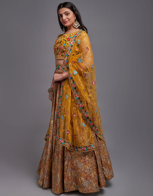 Traditional Designear Party Wear Heavy Lehenga Choli Collection Mustard Art Silk Lehenga Choli Close-up View