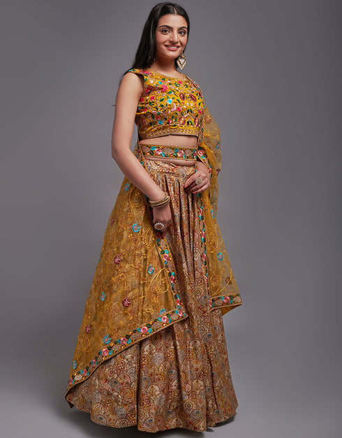 Traditional Designear Party Wear Heavy Lehenga Choli Collection Mustard Art Silk Lehenga Choli Back View