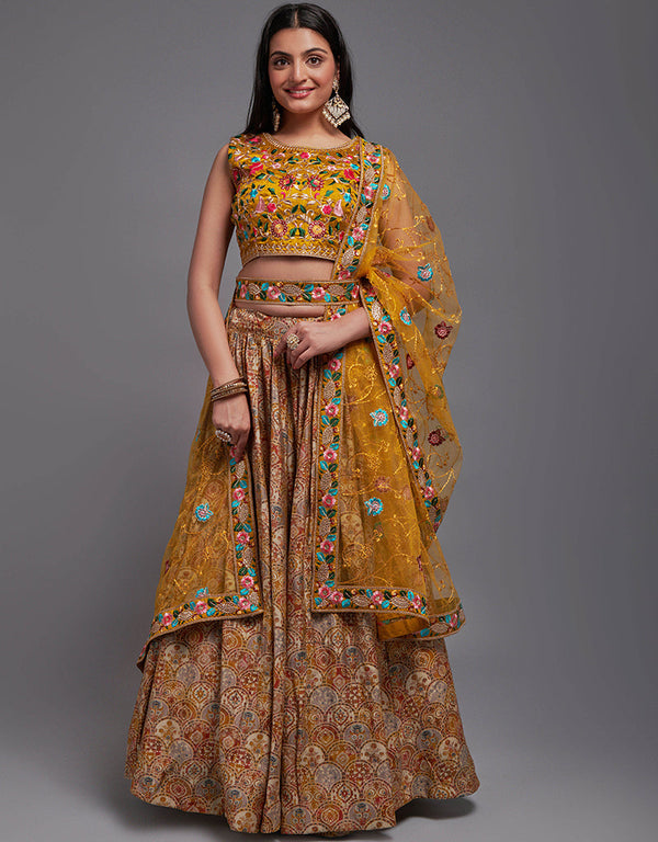 Traditional Designear Party Wear Heavy Lehenga Choli Collection Mustard Art Silk Lehenga Choli Front View