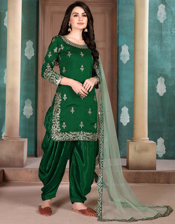 Traditional Function Wear Suit Collection Green Art Silk Patiyala Straight Front View