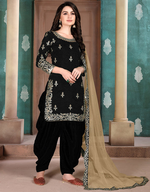 Traditional Function Wear Suit Collection Black Art Silk Patiyala Straight Front View