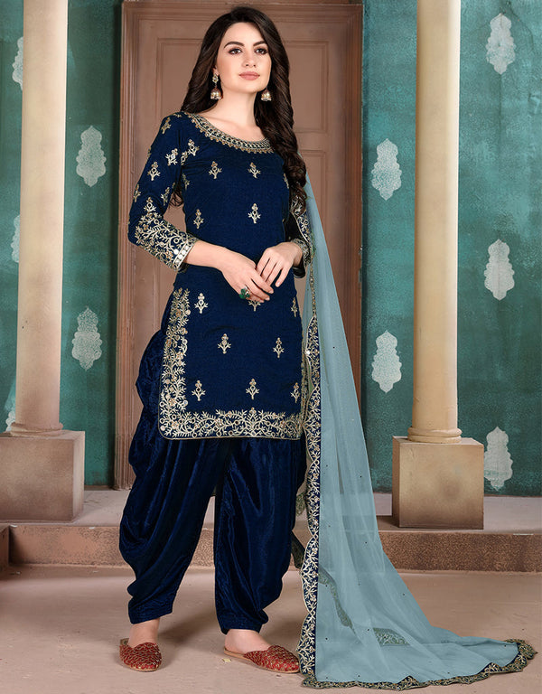 Traditional Function Wear Suit Collection Navy Blue Art Silk Patiyala Straight Front View