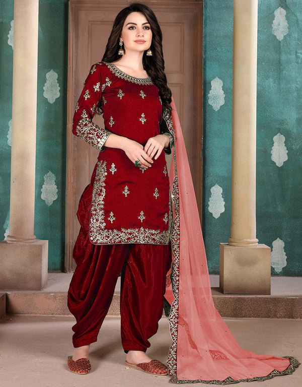 Traditional Function Wear Suit Collection Maroon Art Silk Patiyala Straight Front View